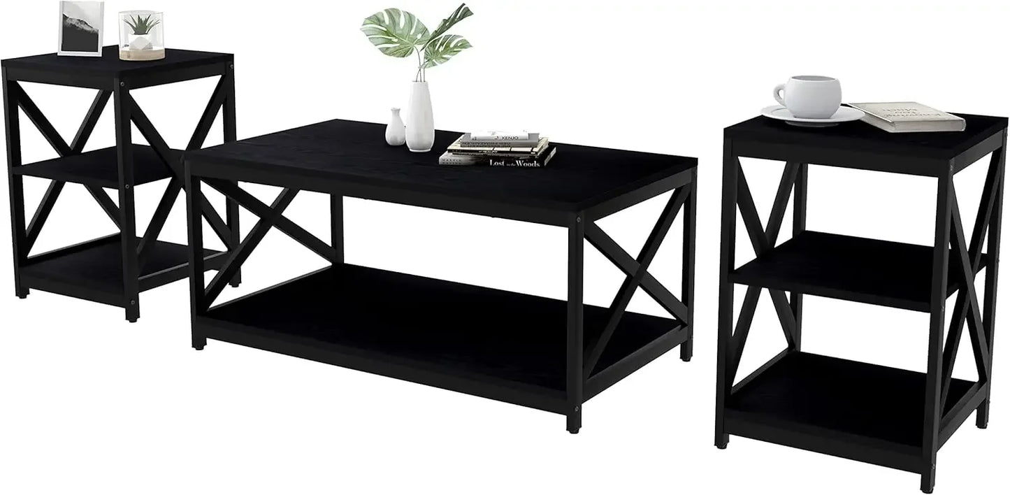 Bigbiglife Living Room Coffee Table Set of 3, Industrial X-Design Coffee Table and 2 End Side Tables,