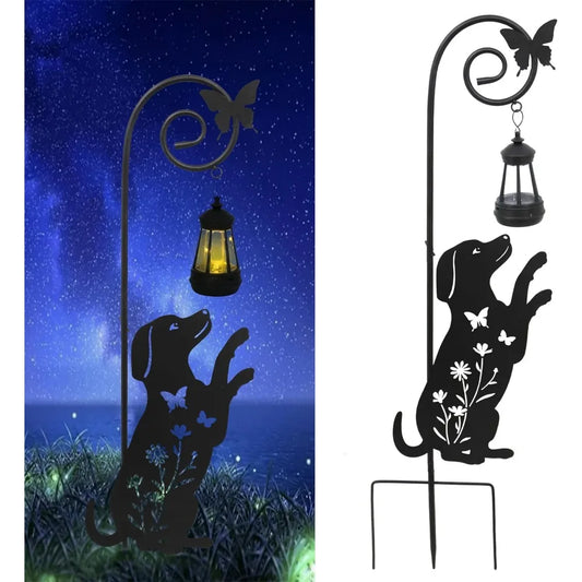 Solar Dog Lantern Garden Stakes - Outdoor Decorative Solar Lights for Yard, Patio, Pathway - Weatherproof Metal Dog Stake with A