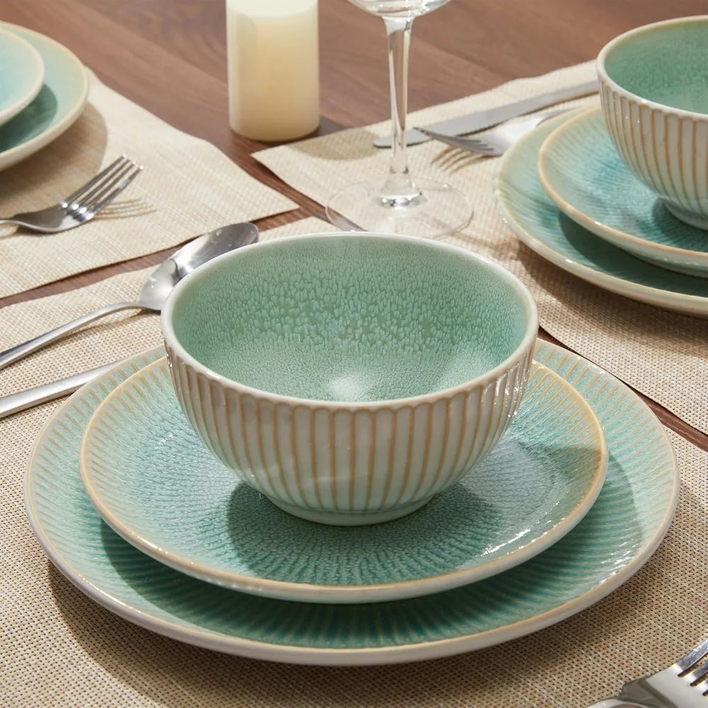Stoneware Dinnerware Sets, Round Reactive Glaze Ceramic Plates and Bowls Set, Dishwasher & Microwave Safe Dishes Set, Distinctiv