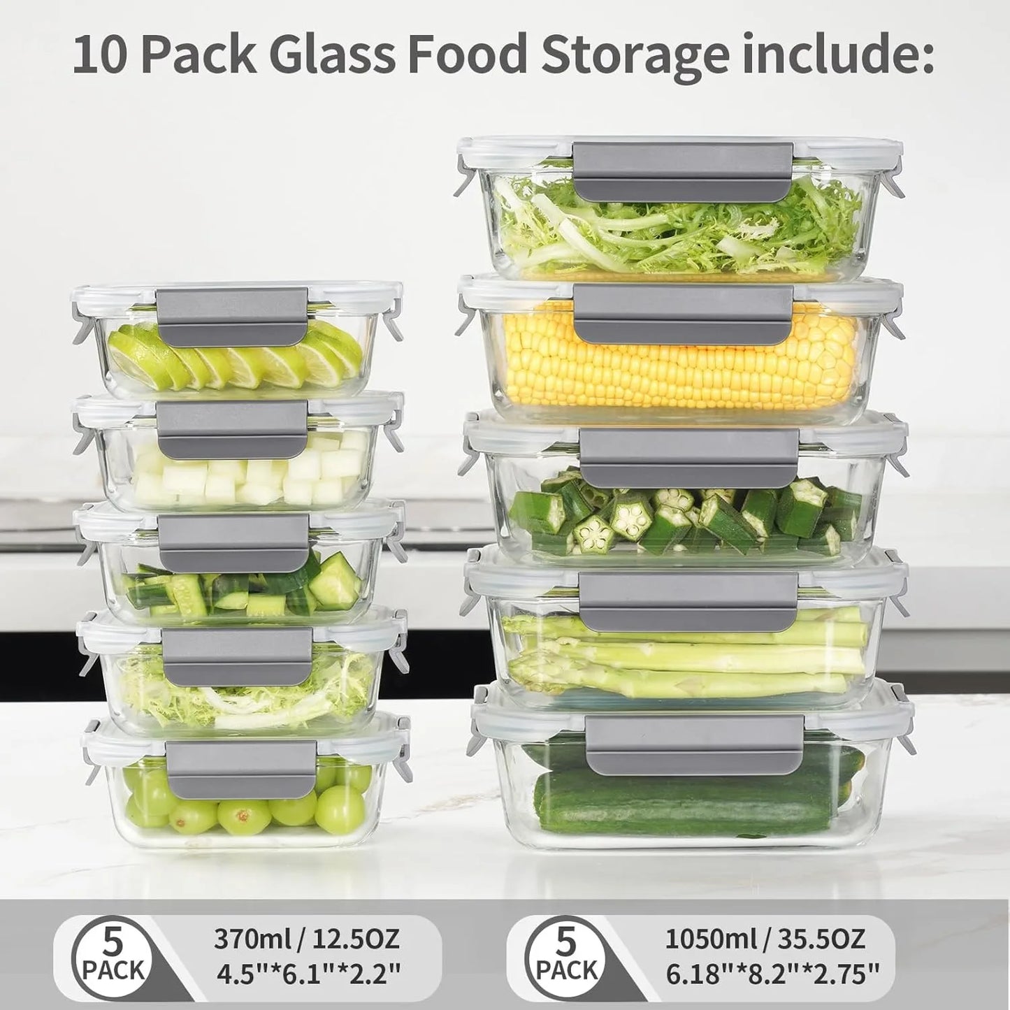 10 Pack Glass Meal Prep Containers, Glass Food Storage Containers with Lids Airtight, Glass Storage Container Set with Lid