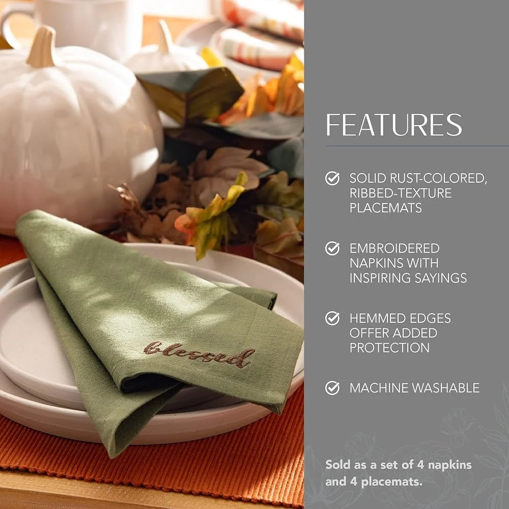 Autumn Cotton Napkin and Placemats Set 8 Pieces Thanksgiving Table Decor Ribbed Textured Cloth Easy Care Home Dining