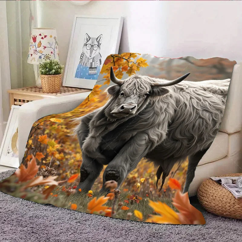 1pc Flannel Blanket Autumn Highland Cow Fleece Blanket - Cozy Fall Scene Throw