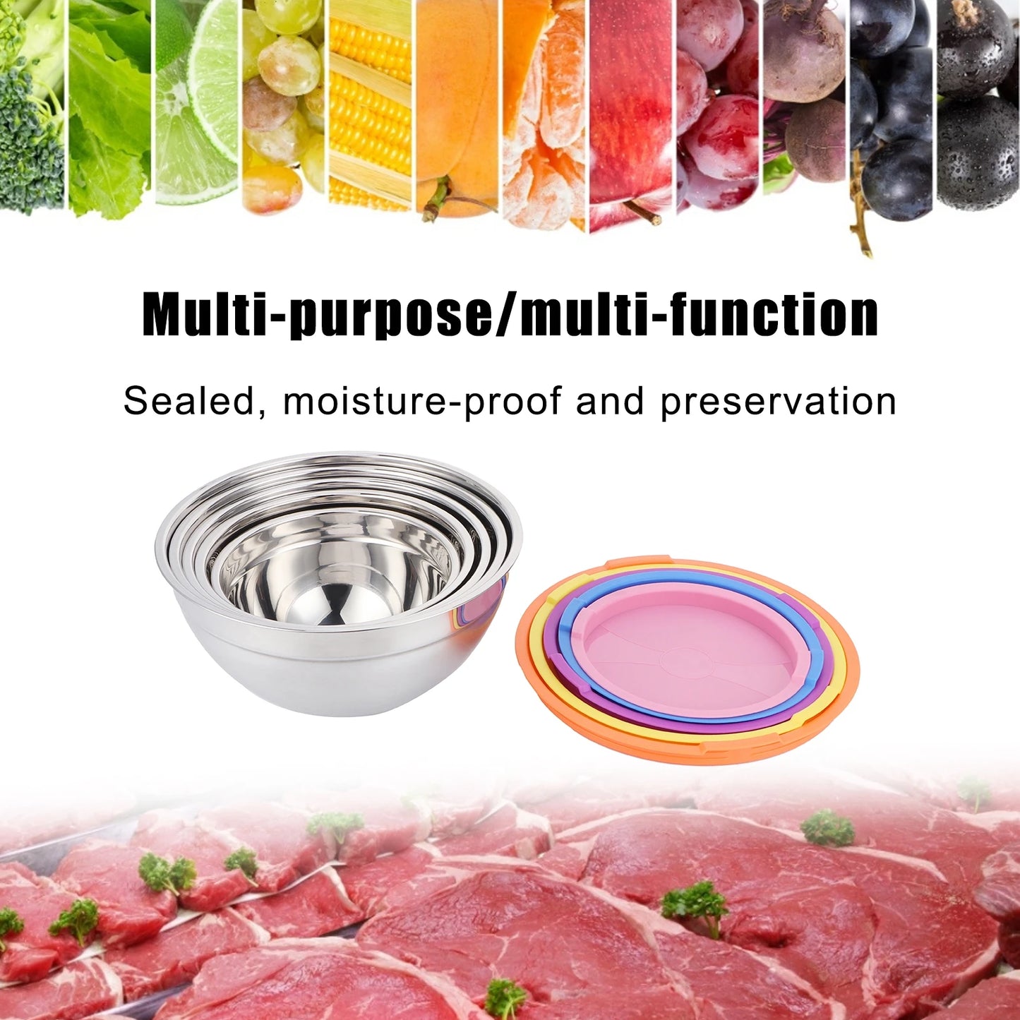 5pcs/set Stainless Steel Mixing Bowl Food Storage Preservation Box with Lids Cookware for Home Kitchen