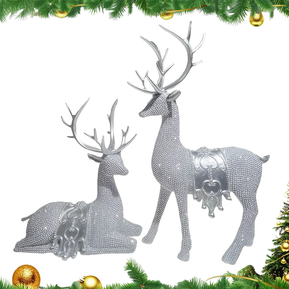 2pcs Beaded Deer Figurines Resin Christmas Reindeer Statue Set Christmas Reindeer Figurines for Christmas Holiday Decor