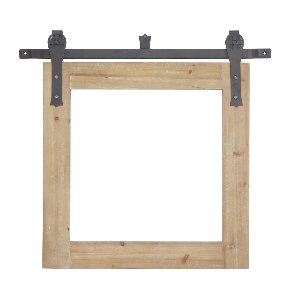 30x27 Wall Mirror with Metal Hanging Rod Indoor Use Reflective Accent Durable Wooden Frame Iron Hardware Farmhouse Style