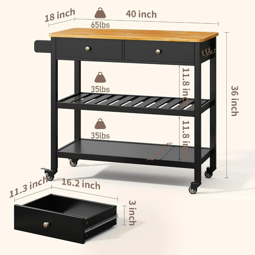 Kitchen Island Cart with Storage,40’’ Wooden Top,2 Tiers Spacious Shelves and Towel Bar, 2 Drawer Mobile Trolley Cart On Wheels