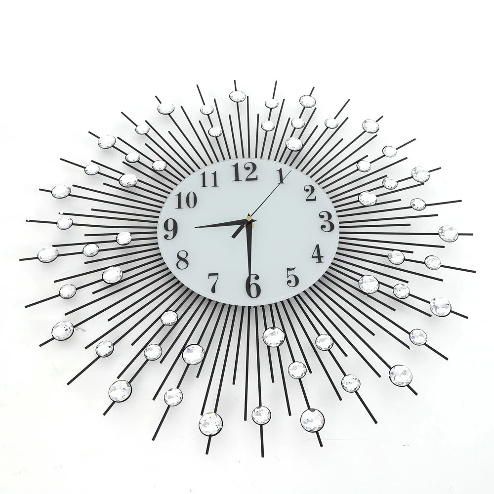 Stylish Wall Clock with Acrylic Diamonds, Vintage Metal Crystal Sunburst Wall Clock Luxury Diamond Modern Wall Clock 60cm