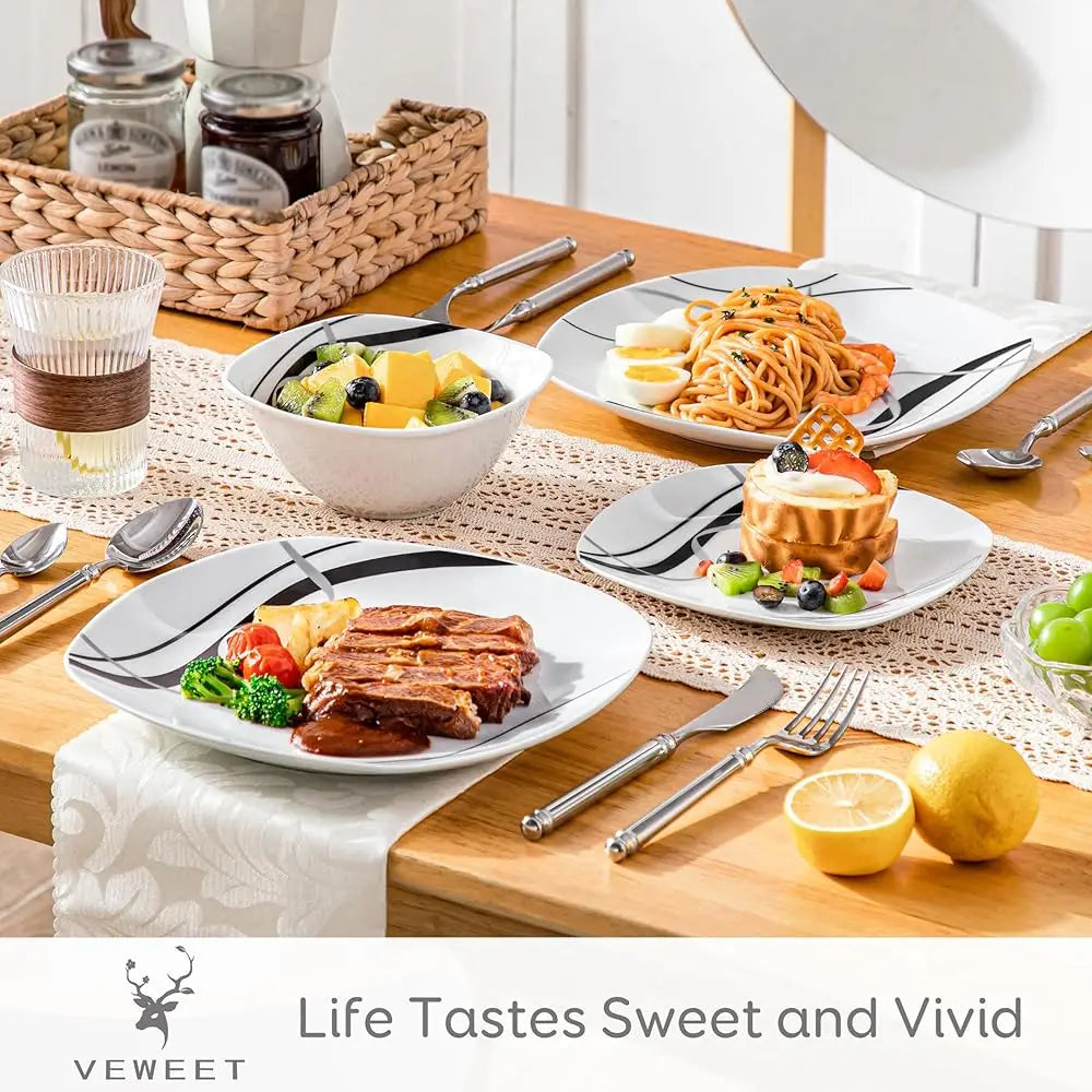 Porcelain Dinnerware Set, 12 Pcs Luding Dinner Plates, Dessert Plates And Cereal Bowls, Series Fiona