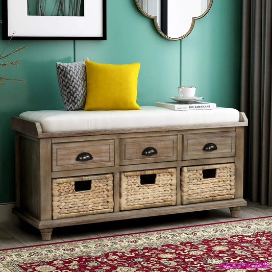 Wood Storage Bench with 3 Drawers, 3 Rattan Baskets, Rattan Entryway Bench with Removable Cushion Home (White Washed)