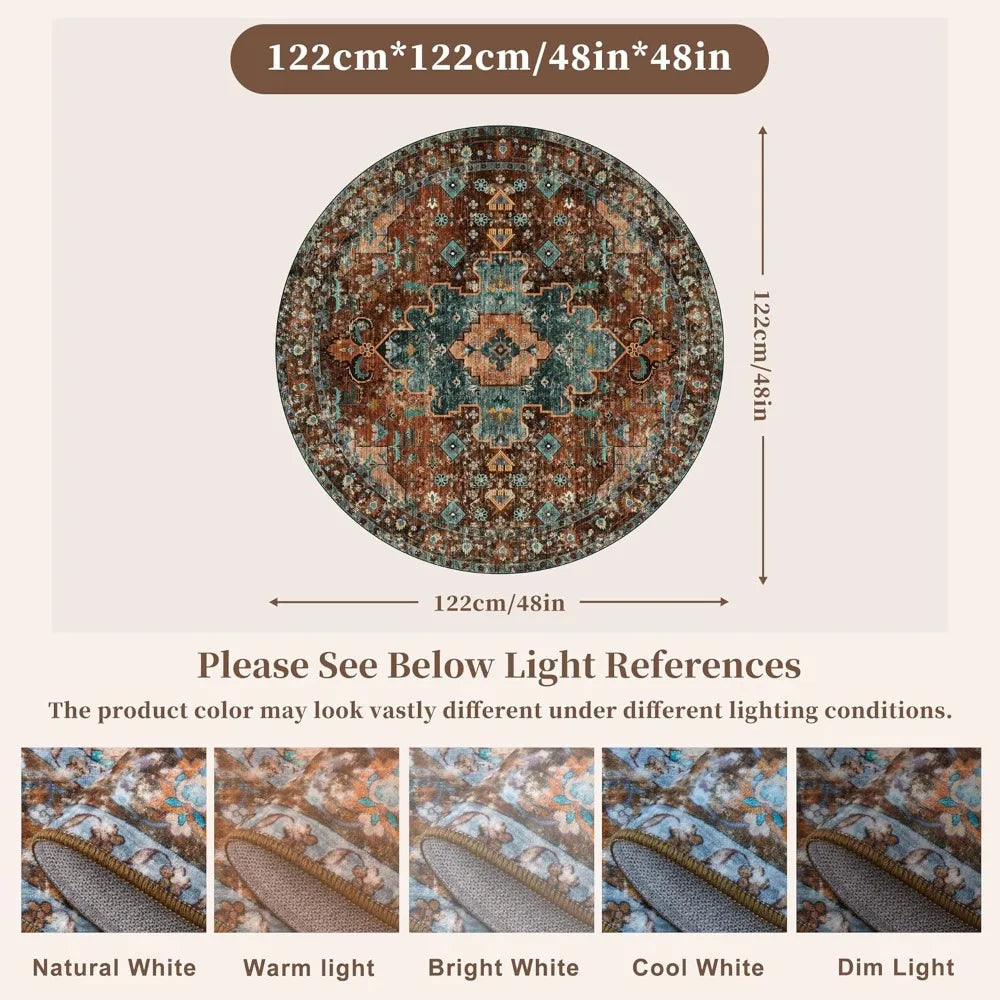 Ciicool Boho Area Rug 4x4ft Round Washable Bedroom Non-Slip Vintage Entryway Throw Low-Pile Indoor Carpet for Living Room Foyer(