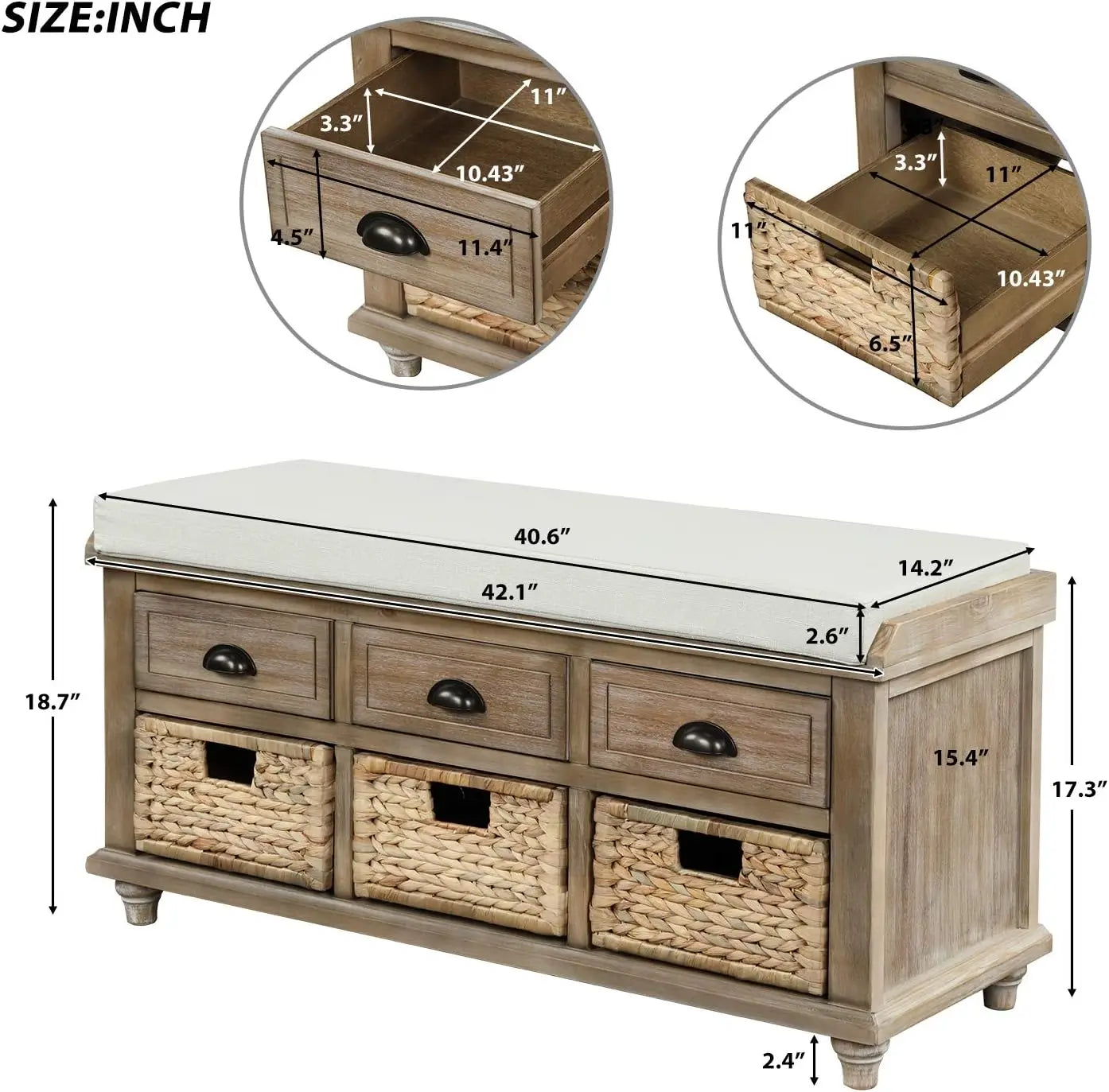 Wood Storage Bench with 3 Drawers, 3 Rattan Baskets, Rattan Entryway Bench with Removable Cushion Home (White Washed)