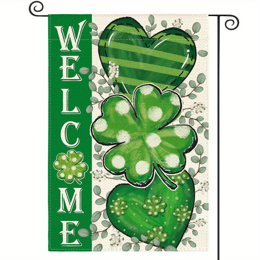St. Patrick's Day Welcome Garden Flag - 12x18 Inch, Dual-Sided Durable Polyester, Heart & Clover Design for Outdoor Patio Decor,