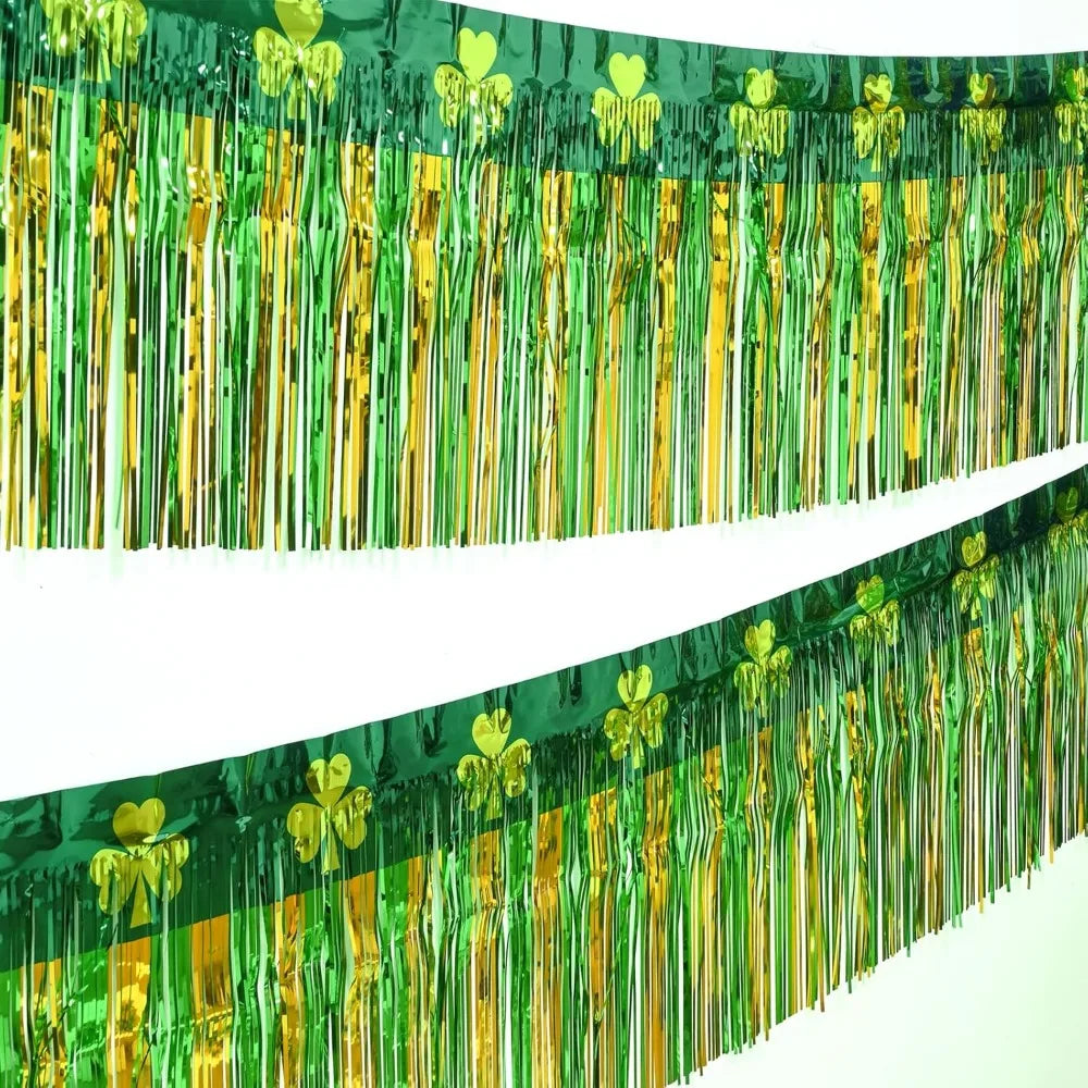 Mega-L St Patricks Day Decorations 4 Pack 78Ft Foil Fringe Garland Tinsel Banner, Green Gold Shamrock Pattern Metallic Hanging B