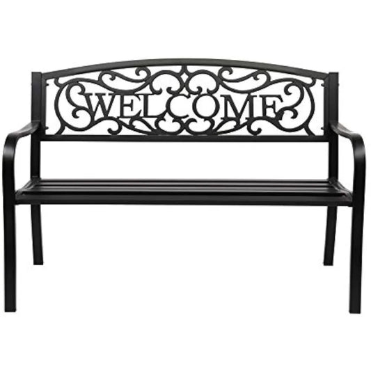 Outdoor Bench with PVC Back Pattern, Metal Garden Bench Black Steel Welcome Bench for Patio, Porch, Deck, Yard, Lawn Deco