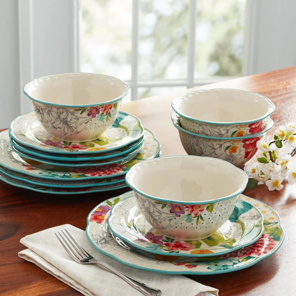 Blooming Bouquet 12-Piece Dinnerware Set Stoneware Dishwasher Safe Dinner Plates Salad Bowls Colorful Floral Patterns Elegant
