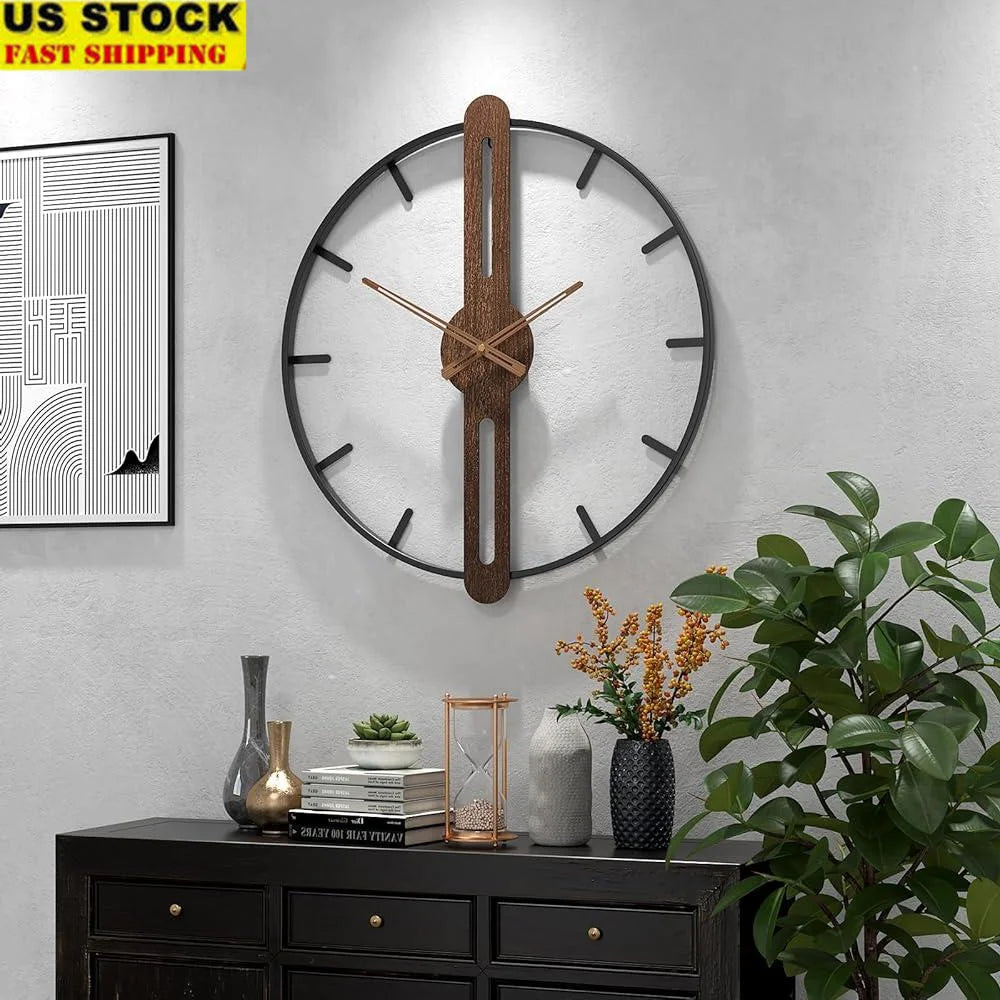 Modern Large Walnut Dial Wall Clock Silent Non Ticking Metal Frame Decorative Clock Living Room Bedroom Kitchen Study
