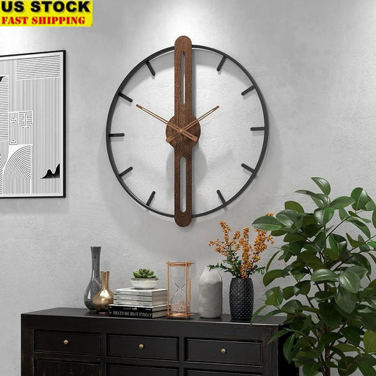 Modern Large Walnut Dial Wall Clock Silent Non Ticking Metal Frame Decorative Clock Living Room Bedroom Kitchen Study