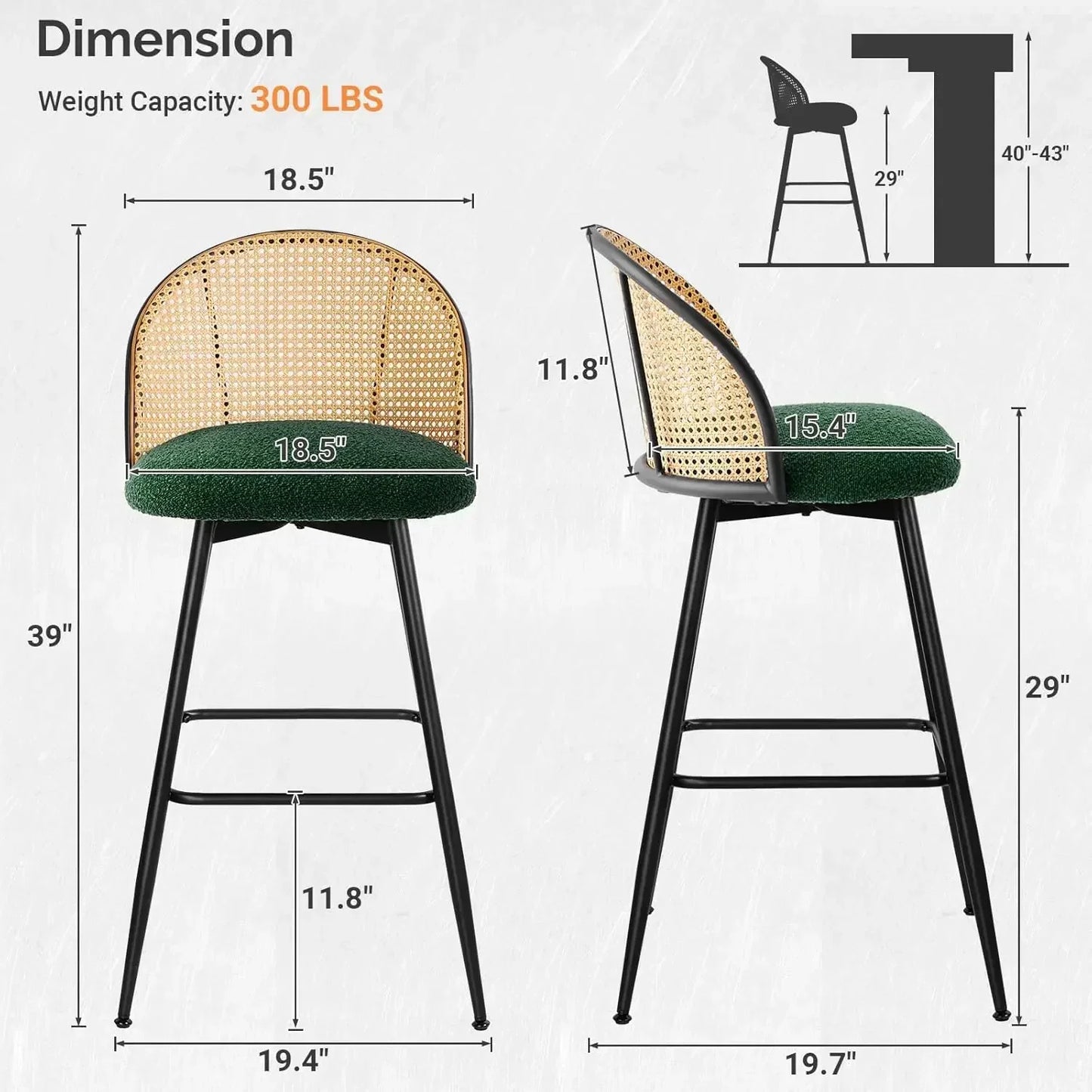 Swivel Bar Stools Set of 2, Mid Century Modern 29"  Chairs with Rattan Back and Metal Legs