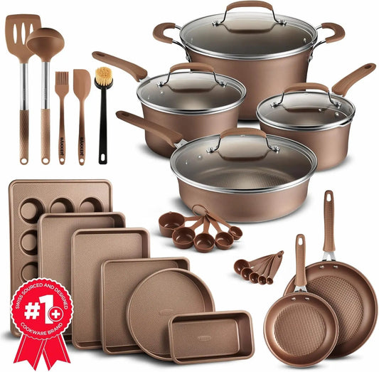 Pots and Pans Set, 23-Piece Non Stick Cookware & Bakeware Sets with Plaid Pattern, Stackable Design, Dishwasher Safe, Stain-resi
