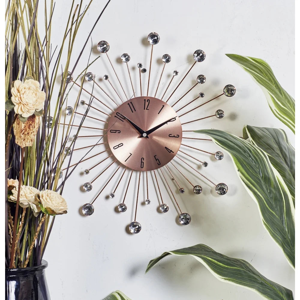15 Inch Copper Metal Wall Clock with Crystal Accents Silent Mechanism Durable Iron Sunburst Design Gift Home Decor Indoor Use