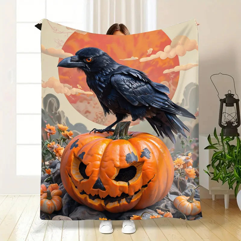 Flannel Blanket-Soft Lightweight All-season Halloween Pumpkin and Crow Cozy Baby Blanket Soft Plush Throw for Kids