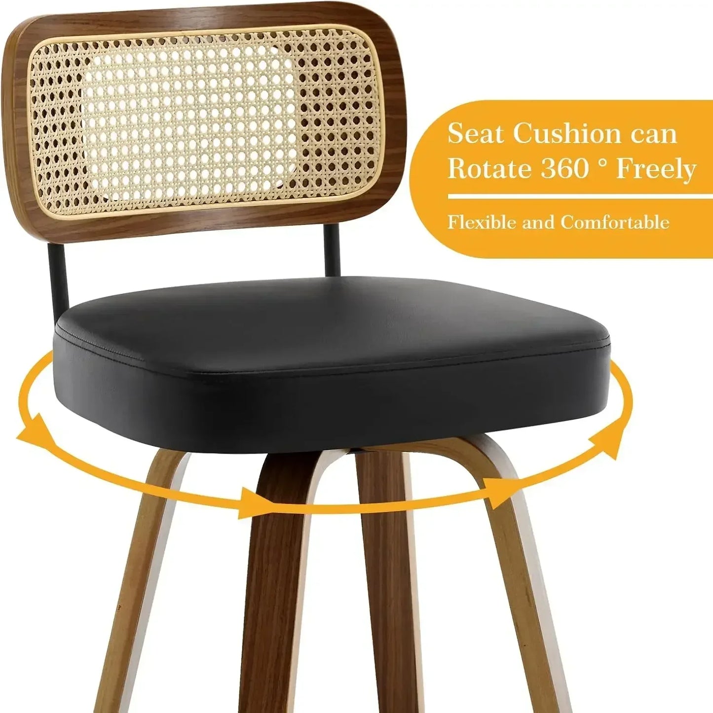 Swivel Counter Height Bar Stools Set of 3,Rattan Back, 26" Seat   Chairs for Kitchen Island, Bentwood Wood Frame, Black