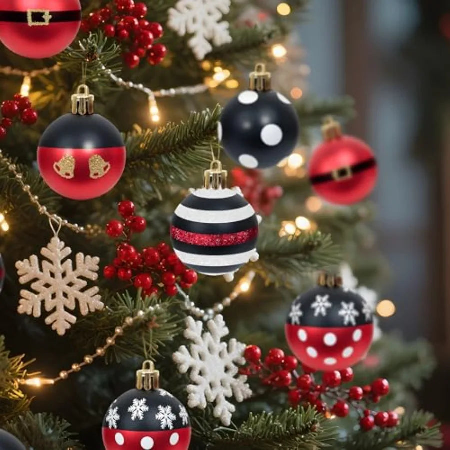 24 Pcs Christmas Ball Ornaments Set 2.36 Mouse Red Black Christmas Tree Decorations Plastic Shatterproof Hanging Baubles for Ho