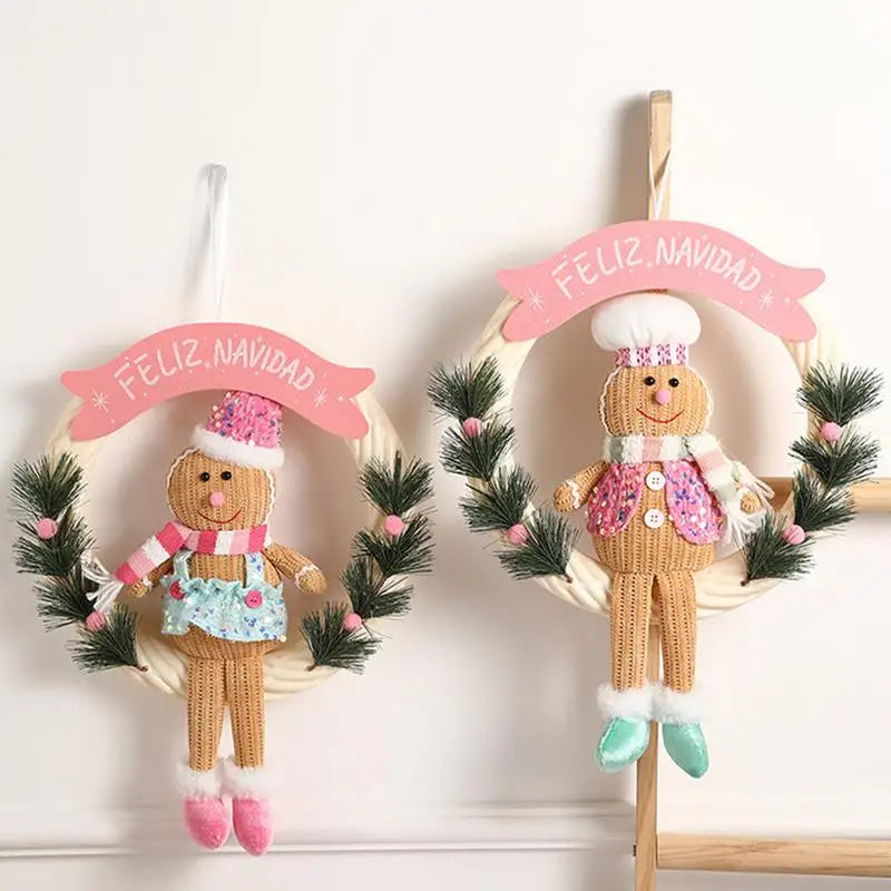 Christmas Gingerbread Man Doll Wreath Lighted Christmas Hangable Ornaments Gingerbread Welcome Garlands for Decorative Door