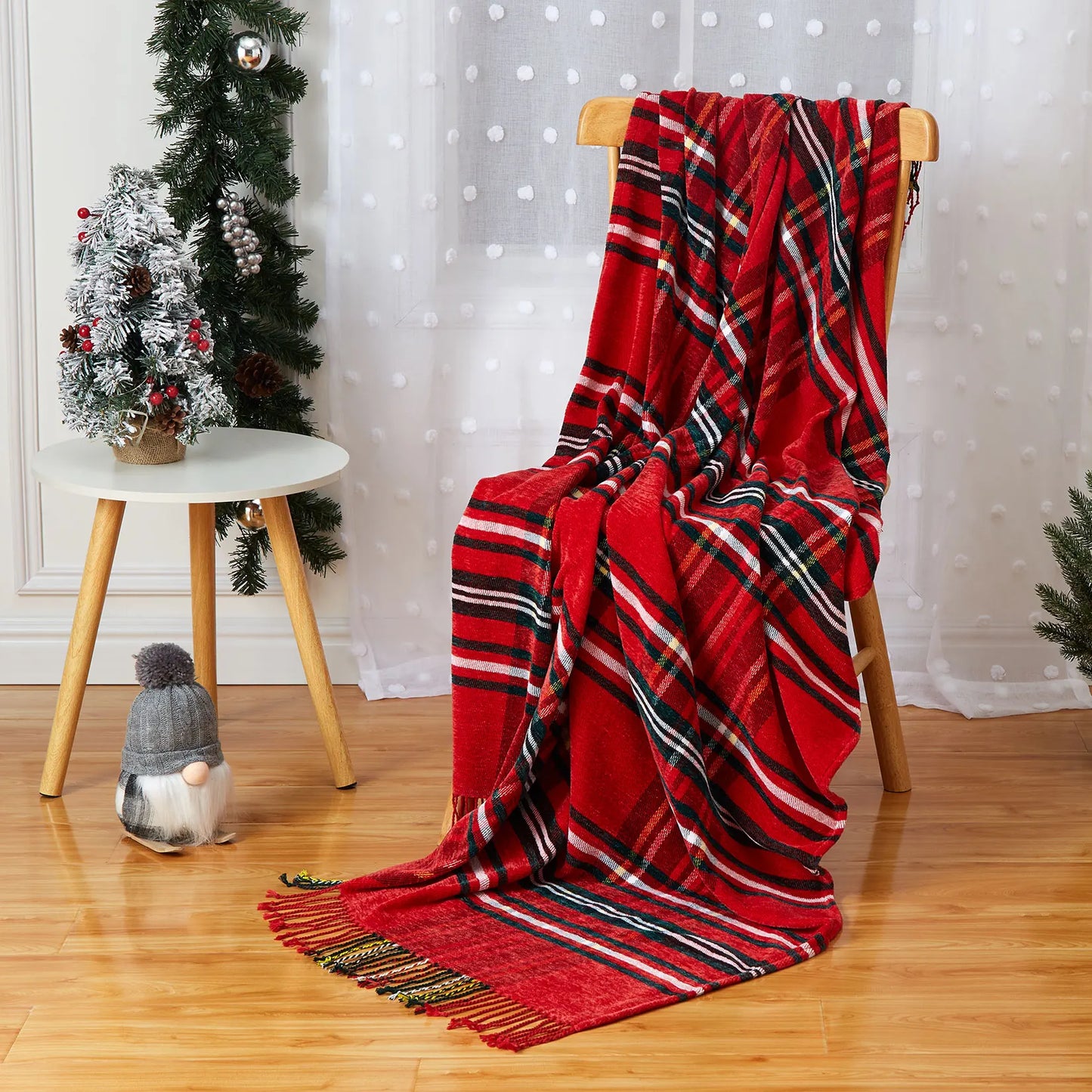 Christmas Plaid Chenille Throw Blanket for Couch Red and Green, Fluffy Soft Knitted Throw Blankets with Tassel Fringe for Sofa