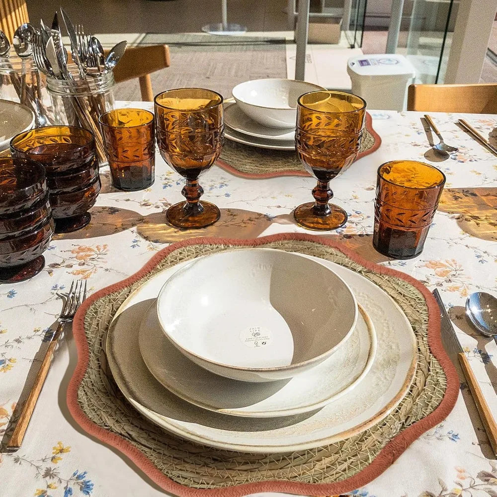 13.8 inch Fall Round Woven Placemats Set of 10 Boho Scalloped Rattan Place Mats Natural Water Hyacinth Flower Shaped Weave Mats