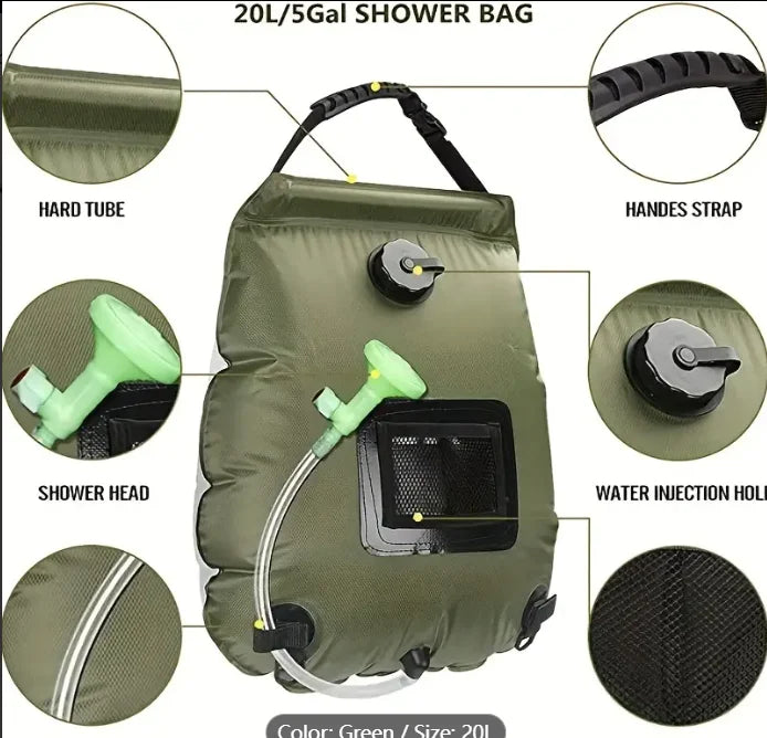 Solar Shower Bag, 5.3 Gal (20L) Solar Heating Camping Shower Bag with Removable Hose and On Off Switchable Shower Head, Travelin