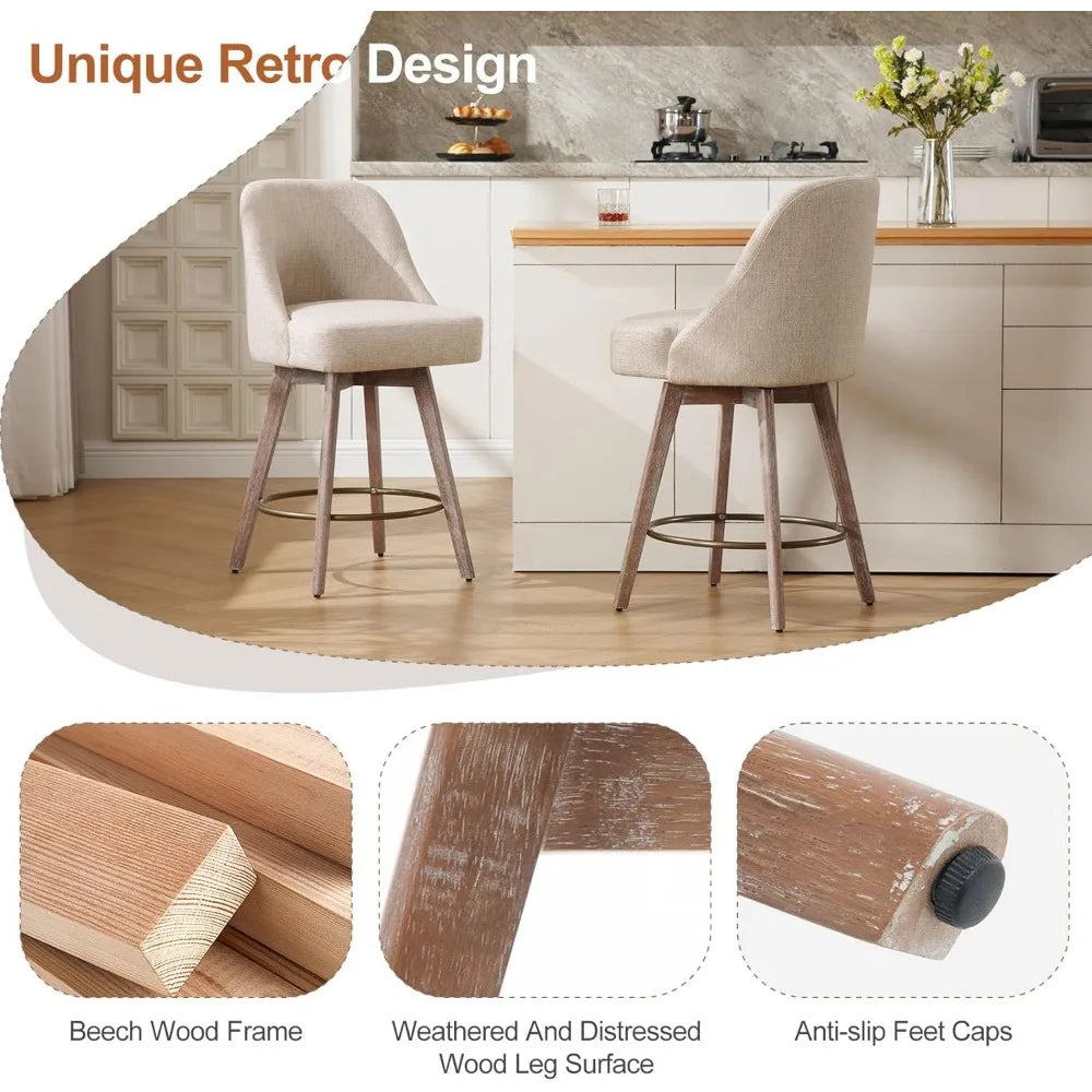 Counter Height Bar Stools Set of 2, Modern Mid-Century Swivel Barstools with Backs and Wood Legs, Linen Fabric Upholstered