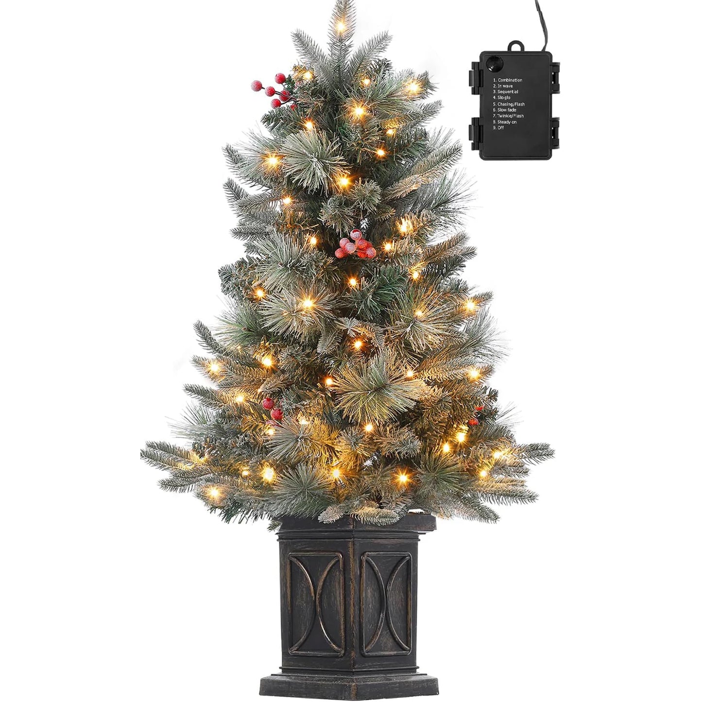 3 FT Pre-Lit Artificial Snow Flocked Christmas Tree with 78 LED White Lights 8 Lighting Modes Red Berries Brown Base