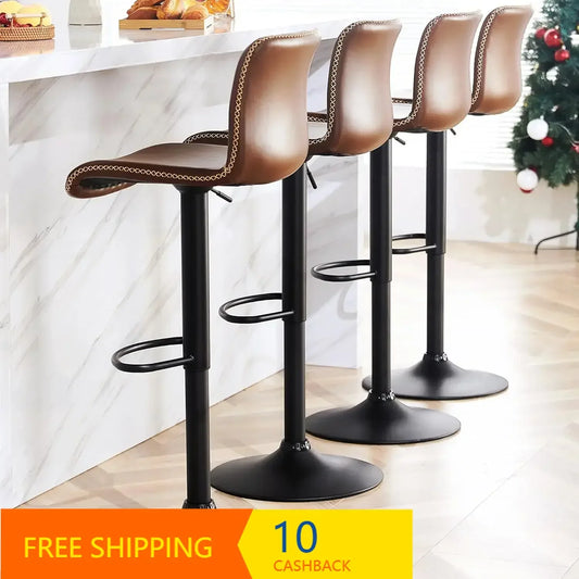 Swivel Bar Stools Set of 4, Counter Height  Stools with Back, Adjustable Stools 24" to 32", Brown Faux Leather Bar Chairs
