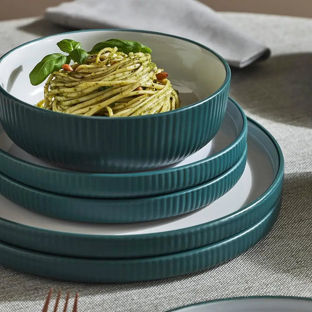 Christian Siriano Laro 12-Piece Stoneware Dinnerware Set, Plates And Bowls Set, Microwave And Dishwasher Safe, Dish Set For 4,