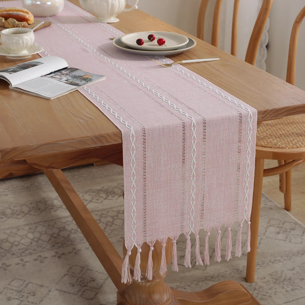 MACT Rustic Table Runner with Tassels Cotton Linen Embroidered Table Runners for Dining Table Decorations Holiday Party Wedding