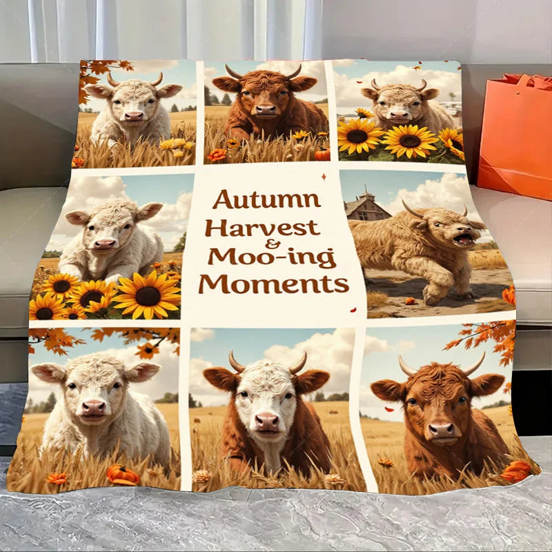 1pc Flannel Blanket Cozy Farmhouse Cow Blanket with Sunflowers and Scarf Design
