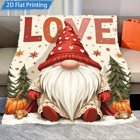 1pc Flannel Blanket Christmas Gnome Love Print Blanket Cozy Holiday Decor for Home and Bedding