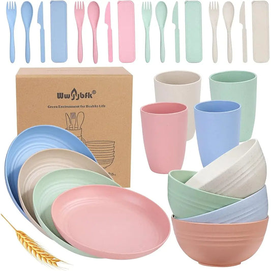Wheat Straw Dinnerware Sets For 4, Wheat Straw Plates And Bowls Sets Kitchen Dishes 28Pcs College Dorm Room Entials Cutlery Set