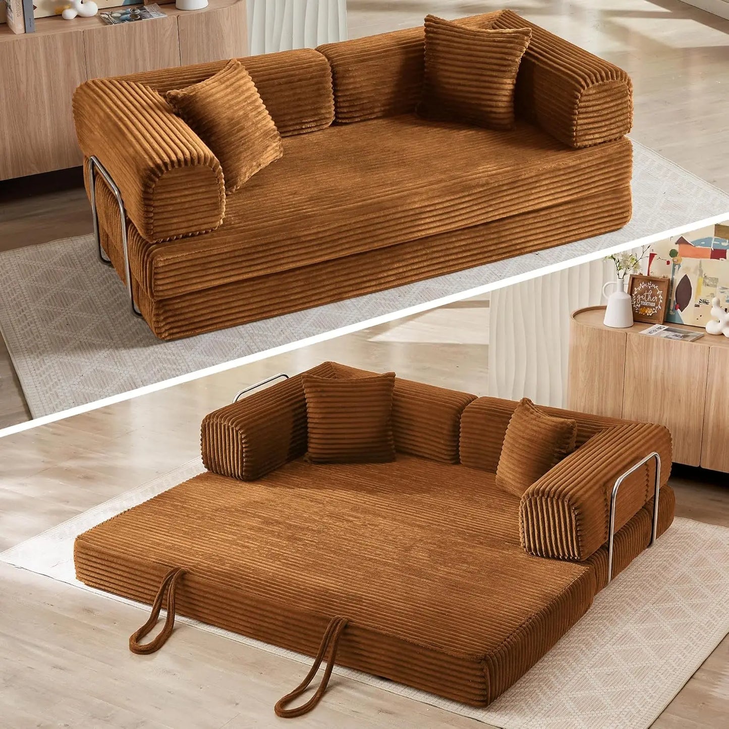 Sofa Bed 4-in-1 Boneless Couch Oversized Corduroy Upholstered Sleeper Sofa with Loveseat Couches for Living Room