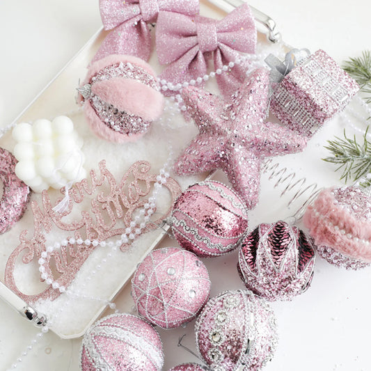6Pcs Xmas Tree Decoration Sequin Plush Bow Ball Donut Letter Sign Tree Decor Set Pink Color