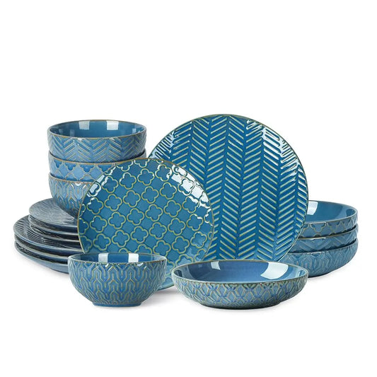 Sureasy Ceramic Dinnerware Set For 4-16 Pieces Emed Plates And Bowls Sets, Scratch Resistant Dish Set, Microwave, Oven &