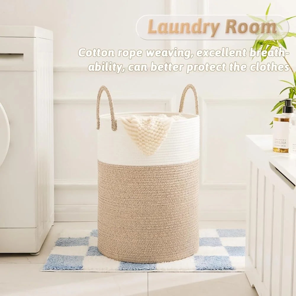 Woven Cotton Rope Laundry Basket Storage Hamper Dirty Clothes Toys Blankets Ideal Bathroom Baby Room Easy to Clean Collapsible