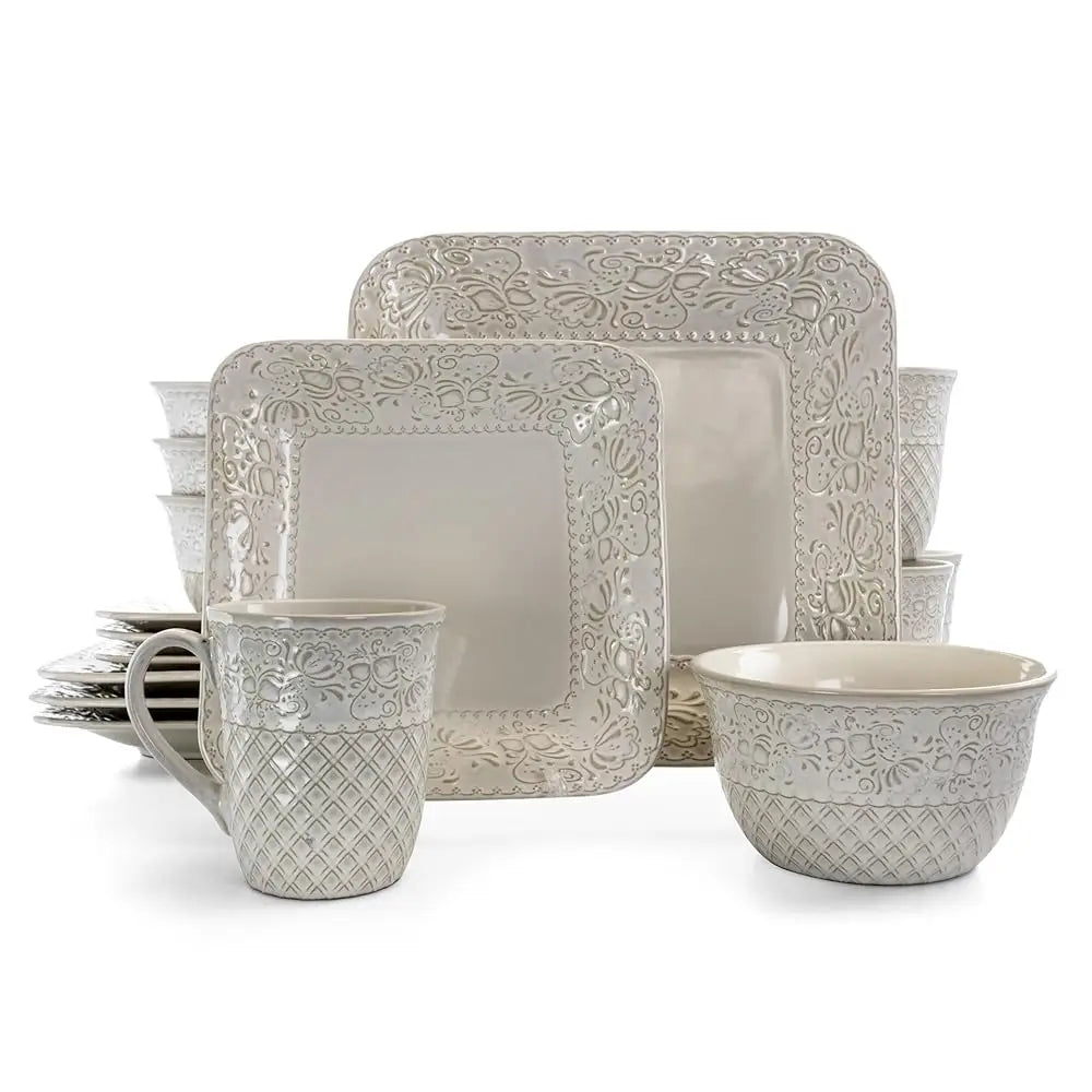 Ivory Lotus 16 Piece Square Dinnerware Set