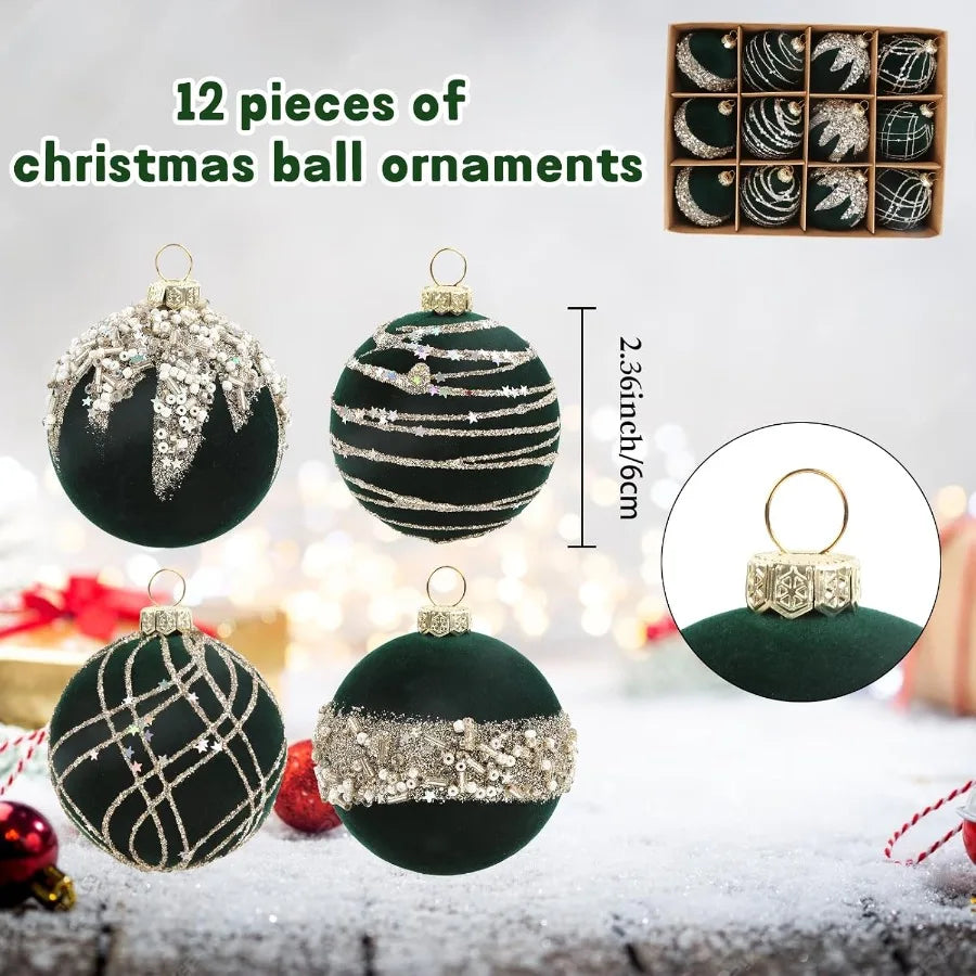 12pcs Velvet Christmas Balls Ornaments Set 2.36 Small Velvet Hanging Ball Green Glitter Christmas Ball Ornaments Flocked Balls