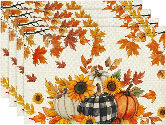 Mode Fall Pumpkins Sunflowers Leaves Placemats Set of 4, 12x18 Inch Thanksgiving Vintage Table Mats for Dining Party Decoration
