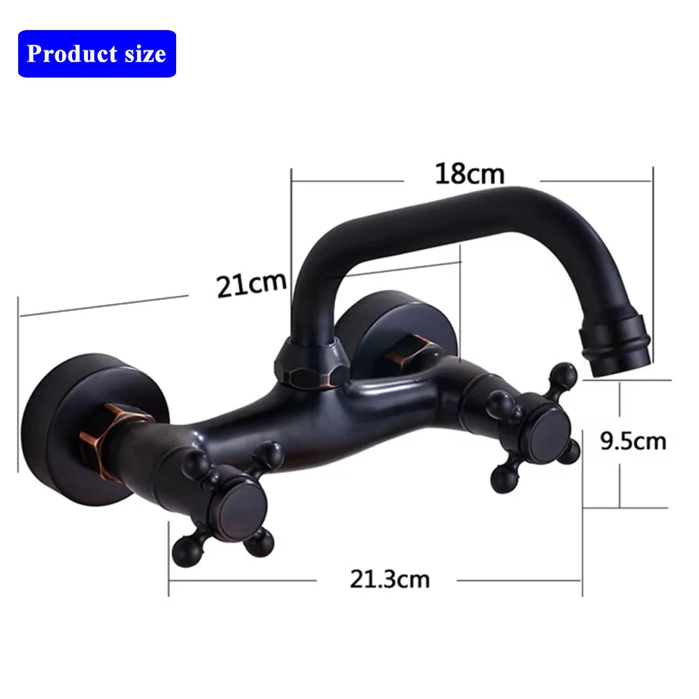 SHBSHAIMY ORB Black Basin Faucet 360 Swivel Spout Wall Mounted Faucet Dual Handles Dual Holes Hot and Cold Water Mixer Tap