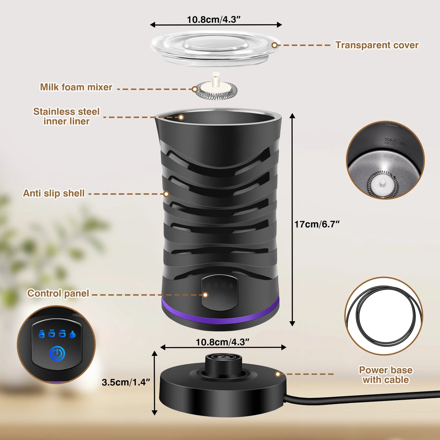 4 in1 Automatic Milk Frother Electric,600ml Capacity Hot&Electric Milk FrotherAutomatic Rotary Foamer for CoffeeCappuccino Latte