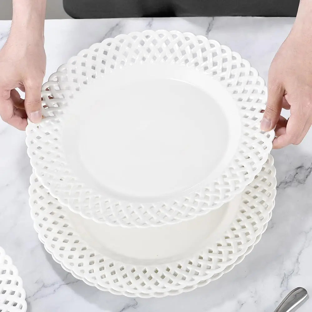 Large White Dinner Plates 12 H, Ceramic Dinner Plates Set Of 4, Basketweave Wide Rim Stackable Hotel Value Round Coupe Shape