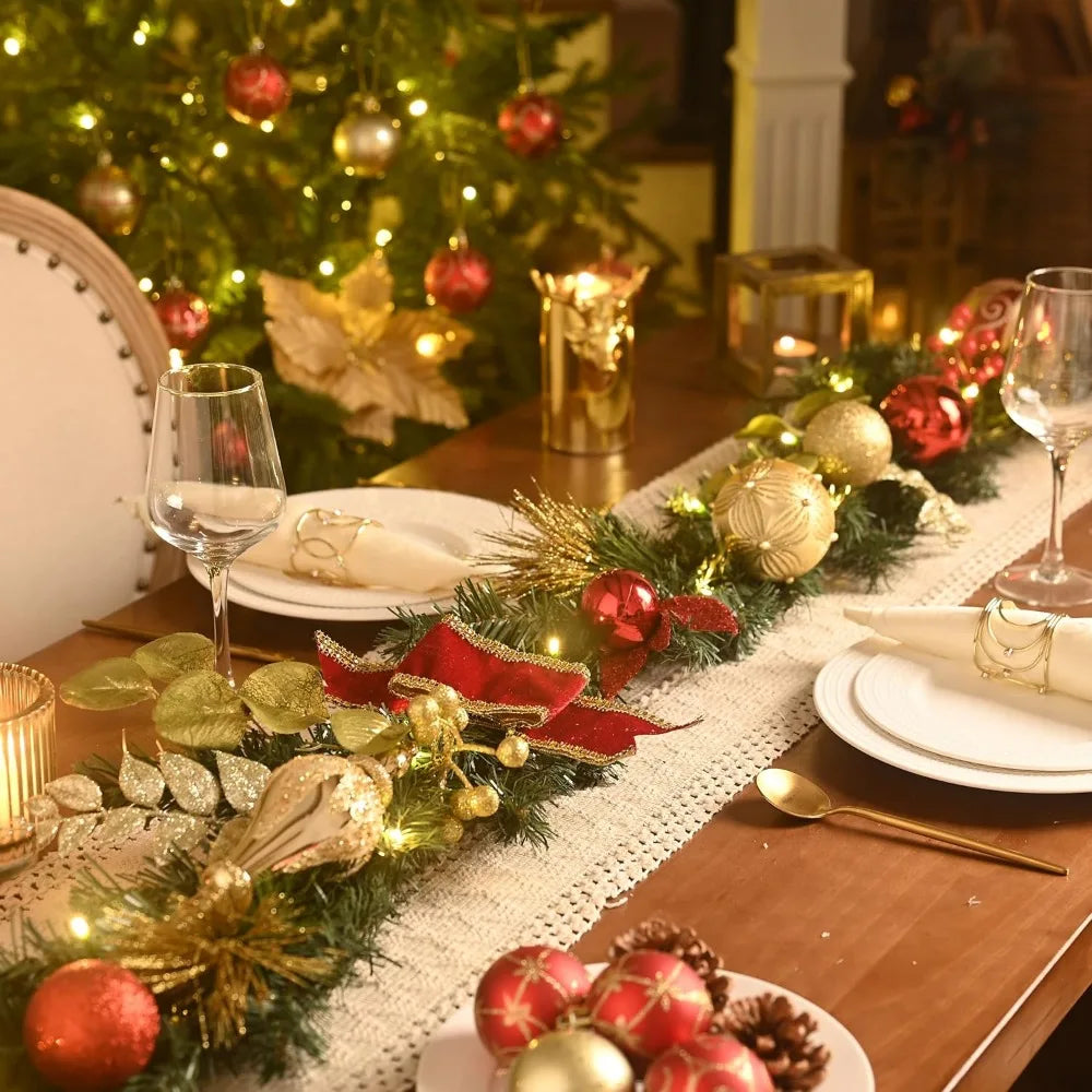 Illuminated Christmas Garland with Red and Gold Balls and Ribbons, 9 Feet Long for Mantle and Outdoor Holiday Decorations